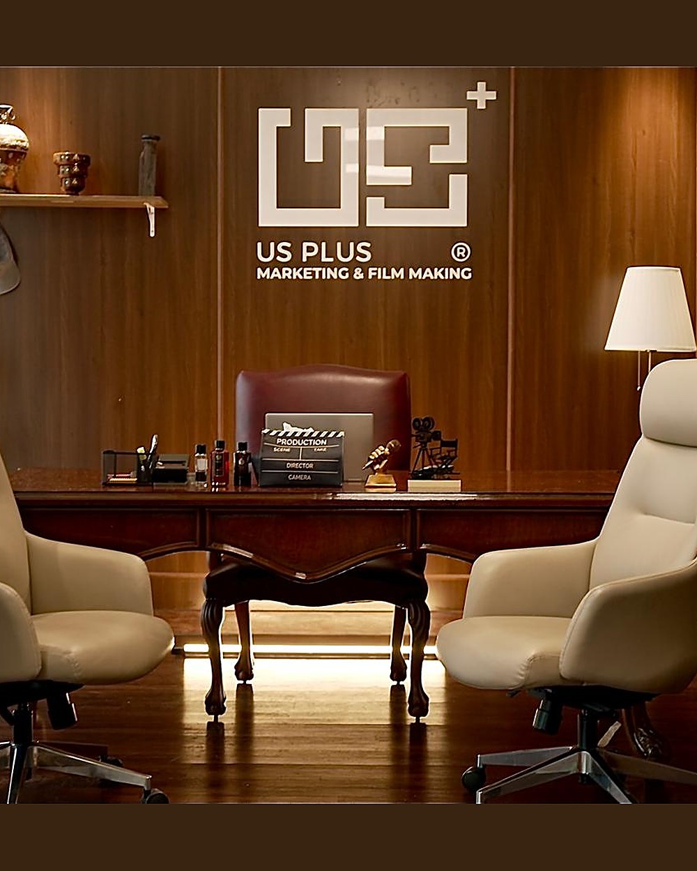 US Plus branded office desk with production clapperboard