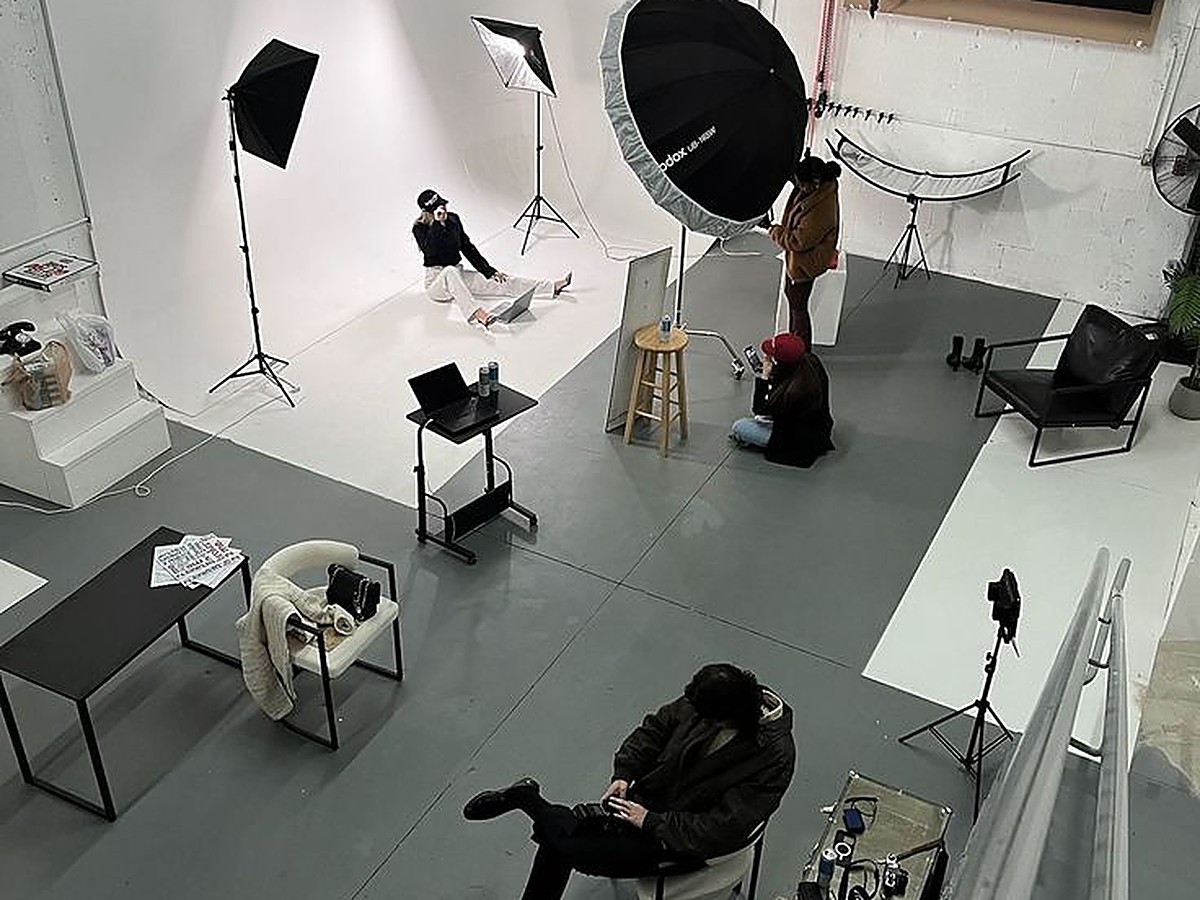 Overhead view of the production studio during a shoot